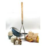 Large Masher, Enamel Colander, Chicken Salt &