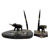 Vintage Metal Elephant on Stone Desk Pen Holders