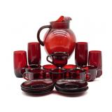 Red Glass Pitcher, Cups, and Saucers - pitcher