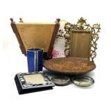 Brass Standing Picture Frame, Wood Pedestal Pot,