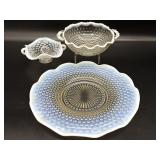 Opalescent Hobnail Plate 11" and Bowls - crack