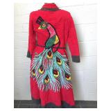 Vintage MCM Red Chenille Colorful Peacock Robe