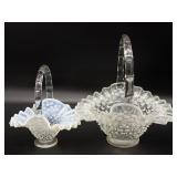 (2) Opalescent Hobnail Glass Baskets 8" Tall and