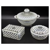 (3) Opalescent Hobnail Lidded Dishes -