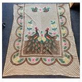Vintage Chenille Tan with Peacocks Bedspread 88"