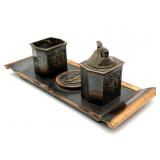 Vintage Metal Lighter and Ashtray on Tray - Vintage Metal Lighter and Ashtray on Tray -