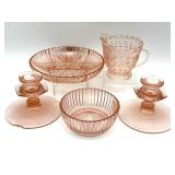 Vintage Pink Glass Candlesticks, Divided Dish, Vintage Pink Glass Candlesticks, Divided Dish,