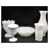 Milk Glass Vases, Oil Lamp Chimney, Goblet, and Milk Glass Vases, Oil Lamp Chimney, Goblet, and