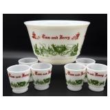 Vintage Tom and Jerry Milk Glass Punchbowl and Vintage Tom and Jerry Milk Glass Punchbowl and