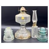 Glass Insulators and Oil Lamps 11" tall oil