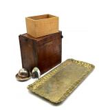 Brass Tray, Lidded Dish, Art Glass Paperweight