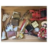 Vintage Doll, Plastic Toy Car, Travel Clock, and