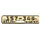 1943 License Plate Renewal Tag