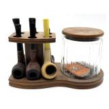 Vintage Wood Pipe Stand with Humidor Glass Jar