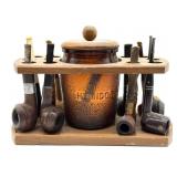 Wood Pipe Rack with Glass Humidor Jar and (10)