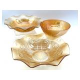 (3) Marigold Carnival Glass and Iridescent Iris &