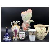 Porcelain Vases, Cups, Pitcher, and Bell- 9"