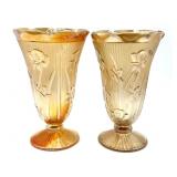 Pair of Marigold Carnival Glass Iris and