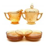 Marigold Carnival Glass Creamer, Sugar, and (9)