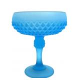 Blue Satin Glass Diamond Pattern Compote 7.25"