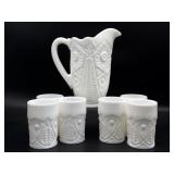 Vintage Milk Glass Pitcher and (6) Cup Set-