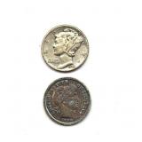 Toned 1893 Barber Dime and 1944 Mercury Dime