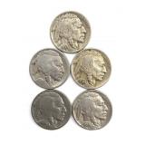 (5) Buffalo Nickels