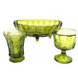 Green Glass Panel Grape Vase and Compote and