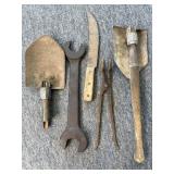 Folding Shovels, Blacksmith Tongs, Knife and