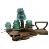 Glass Insulators, Cast Iron Sad Iron, and Cast