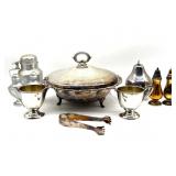 Silverplate Lidded Server, Creamer, Sugar, Tongs,