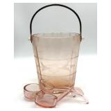 Etched Pink Glass Ice Bucket and (3) Glass Dips