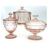 (3) Pink Glass Lidded Dishes 6' Tall and Smaller