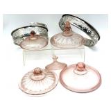 Pink Glass Lids and Metal Dish Holders