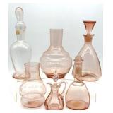 Vintage Pink Glass Bottles, Cruet, and Vases 10'