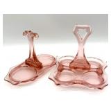 (2) Pink Glass Caddy Trays 7.25' x 7' and Smaller