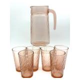 Swirl Pink Glass Pitcher and (6) Cups - pitcher