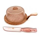Pink Glass Handled and Lidded Cheese Dish and