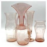 Etched Pink Glass Handled Fan Vase and Etched