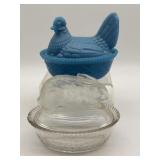 Chipped and Cracked Blue Milk Glass Hen on Nest