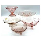 Vintage Pink Glass Footed Plates, Bowls, and