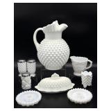 Milk Glass Pitcher, Butter Dish, Salt & Pepper