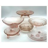 Pink Glass Footed Bowls and Plates