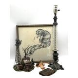 Framed Drawing on Fabric, Table Lamp (missing