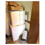 Wood Dresser, Faux Wood Cabinet, Buckets, and