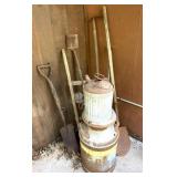 Milk Can, Gas Can, Shovels, and Primitive Dolly