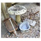 Concrete Birdbath, Decretive Roadrunner, Wagon