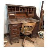 Antique Roll Top Desk & Chair, 48"x30"x53"