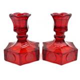 Fostoria Ruby Red Coin Glass Candlesticks 4.5"