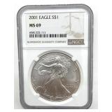 2001 American Silver Eagle, NGC Graded MS 69